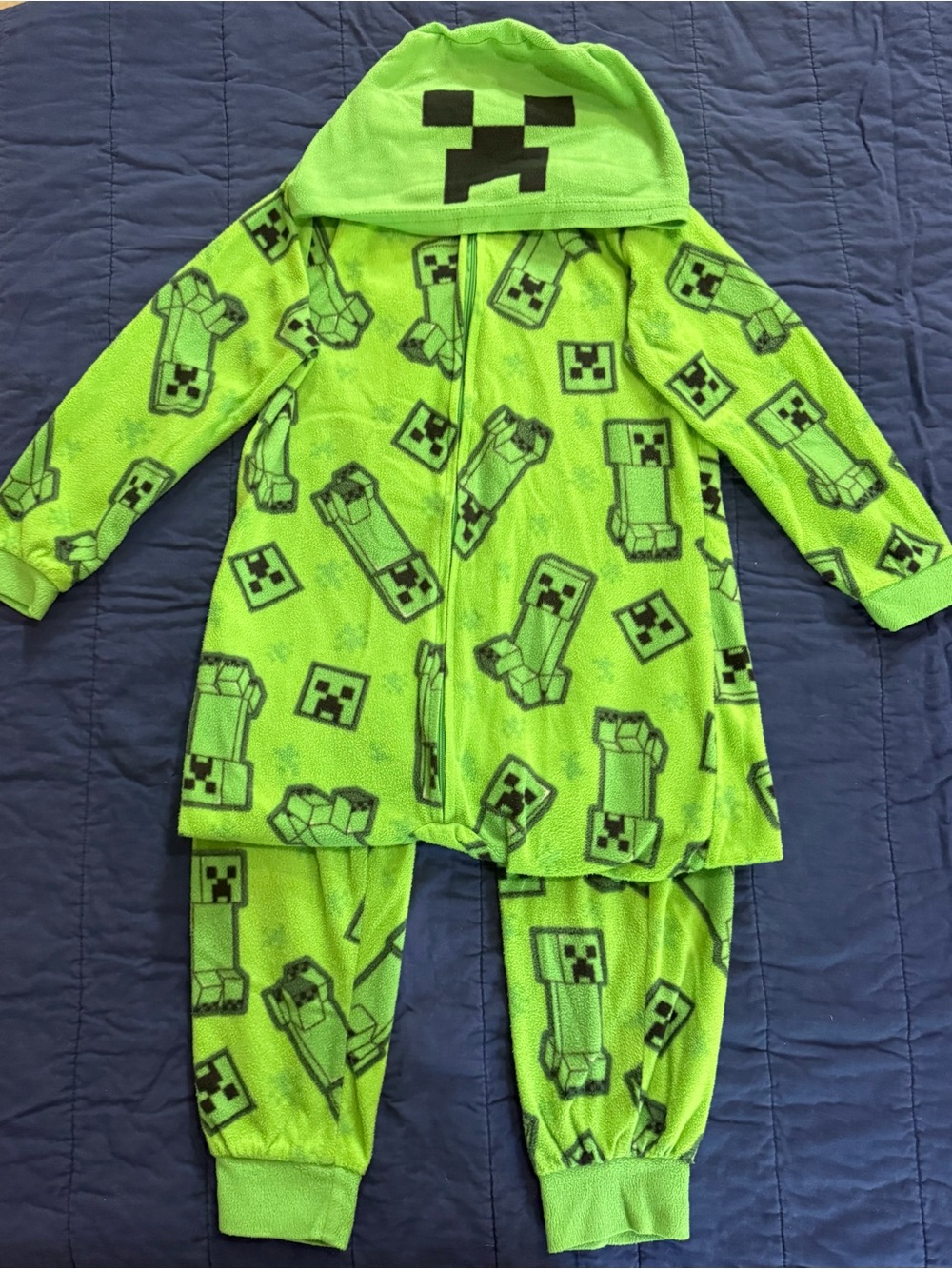Green Creeper-Print Kids Pajama Set with Hood
